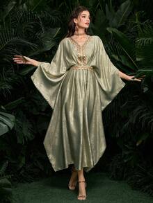 Al Najma Women's Spring/Summer Green Woven Metallic Fish Scale Trim Elegant Turkish Maxi Dress & Arabic Traditional Abaya - Green - View 3