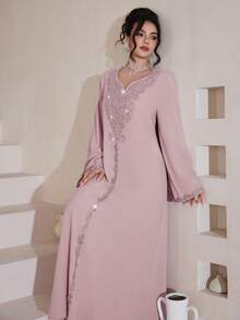 Al Najma Luxurious Embroidered & Beaded Loose Long Sleeve Split Maxi Dress, Turkish & Arabic Traditional Style - Pink - View 3