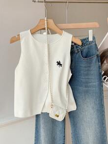 SHEIN EZwear Summer Old Money White Front Button Embroidered Round Neck Casual Knit Vest For Women - White - View 4