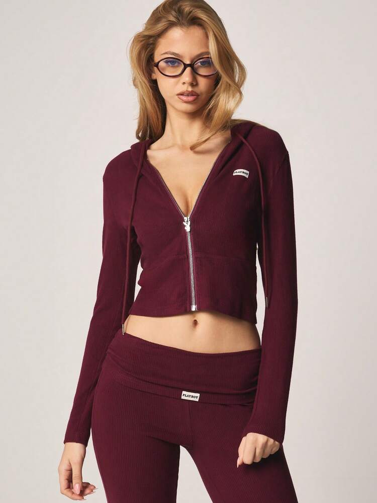 Missguided x Playboy Ribbed Hooded Zip Through Top With Metal Zipper For Fall Winter Casual Comfort