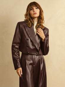 Revavyn Revavyn Women's Woven PU Leather Fabric Notch Lapel Straight Shoulder Long Sleeves Double-Breasted Design Daily Casual Short Jacket Fall For Women - Coffee Brown - View 5