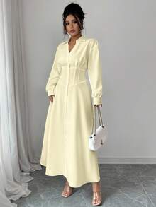 Modelyn Women's White Waist Cinched Shirt Collar Design Dress Solid Color Dress Long Sleeve Long Dress French Style Dress - Yellow - View 5