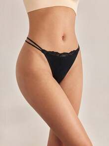 Ocili 3条/包 多色 100%纯棉 舒适 简约 双面蕾丝边 弹力女士内裤，时尚秋季 - 黑色 - 查看 4