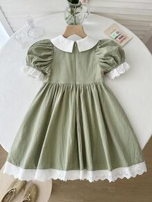 LMoss Kids 女童碎花泡泡袖蕾丝修身A字裙摆连衣裙，适合女孩日常穿着、节日、家庭聚会和特殊场合。 - 綠色 - 查看 2