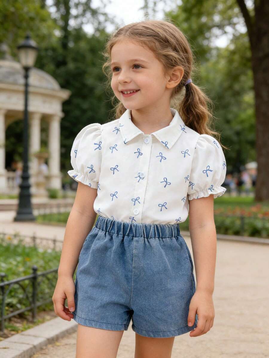 Girls' Butterfly Print Cute Shirt + Adorable Bowknot Blue Washed Denim Jeans - Multicolor - View 1