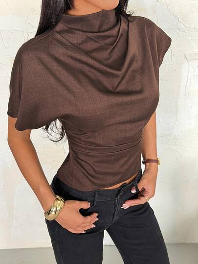 SHEIN PETITE 褶皱领不对称袖侧边褶皱收腰通勤杏色竹麻面料女式衬衫，四季皆宜