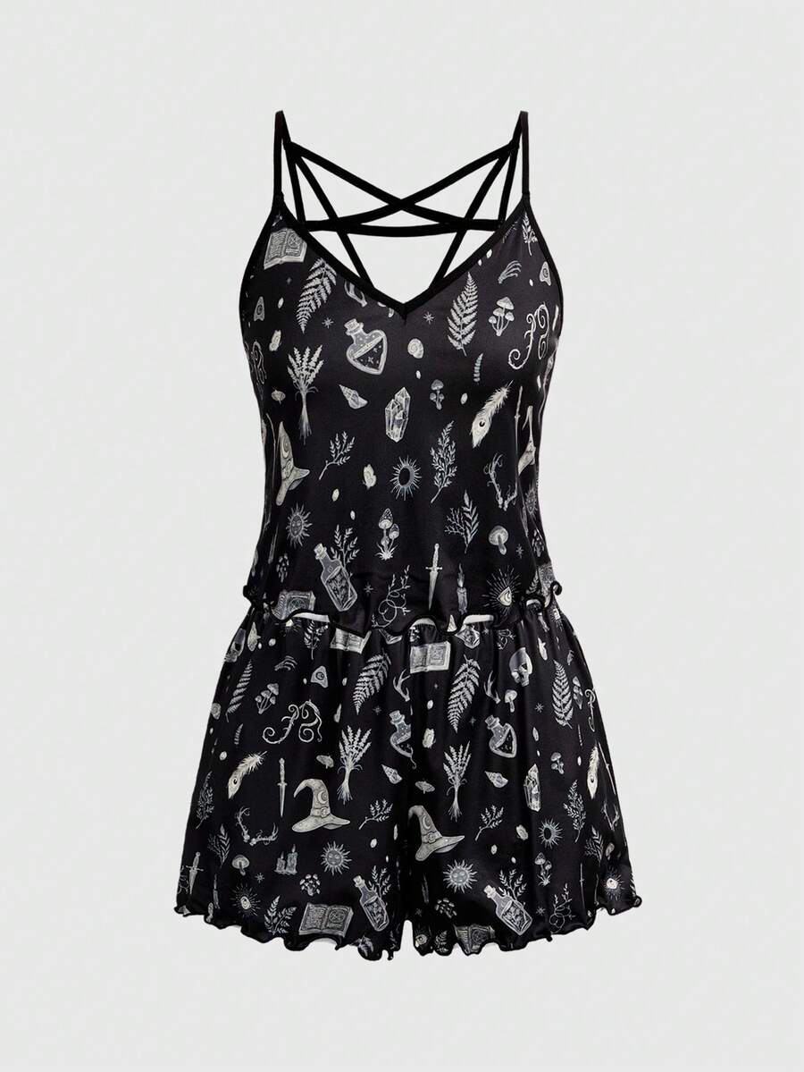 ROMWE Women's Gothic Magic Element Print Camisole Top And Shorts Pajama Set, Summer - Black - View 1