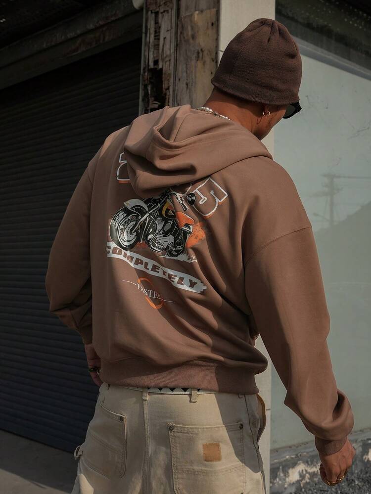 Brown Motorcycle Letter Print Hooded Sweatshirt For Men, Street Style, Spring/Autumn