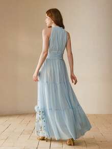 MOTF PREMIUM WOMEN RUCHED HALTER NECK 3D FLORAL DRESS - Baby Blue - View 3