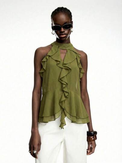 LYSMO New Olive Green Ruffle Tie Back Chiffon Blouse - Bohemian Style Summer Design Ruffle Tops Olive Green Tops Green Summer Top Green Tops For Women