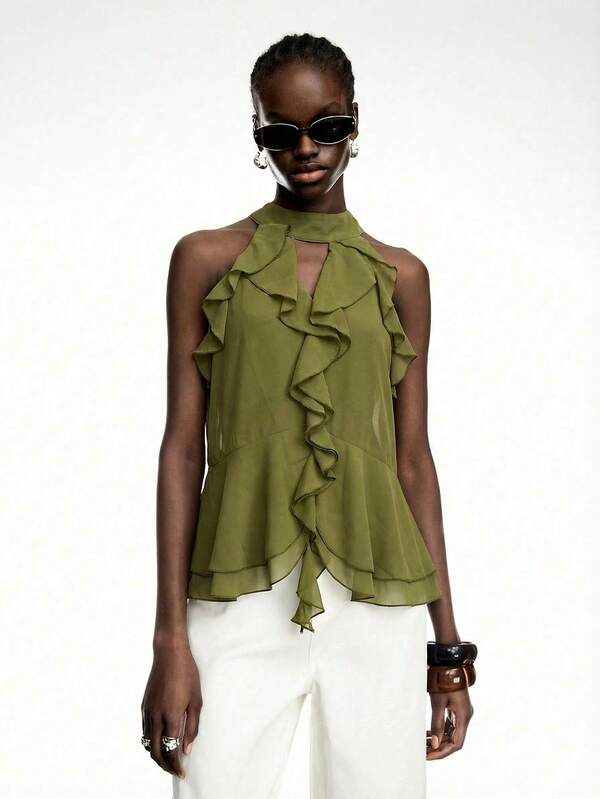 LYSMO New Olive Green Ruffle Tie Back Chiffon Blouse - Bohemian Style Summer Design Ruffle Tops Olive Green Tops Green Summer Top Green Tops For Women