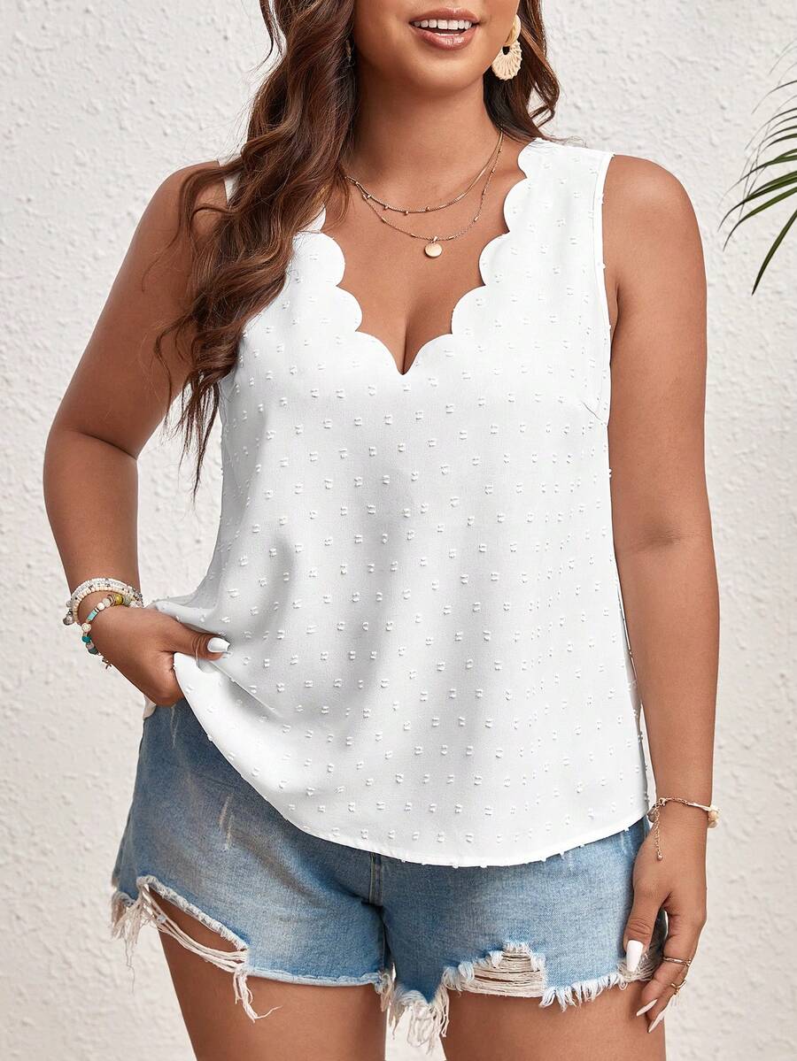SHEIN VCAY Plus Swiss Dot Scallop Trim Blouse - White - View 1