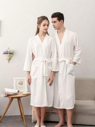 1pc Lightweight & Fashionable Home & Beach Robe, Quick Dry Soft Robe, Couples Loungewear, Simple Plaid Bathrobe, Sexy Sleepwear, Unisex Style Summer Wedding Home Bathroom Decor