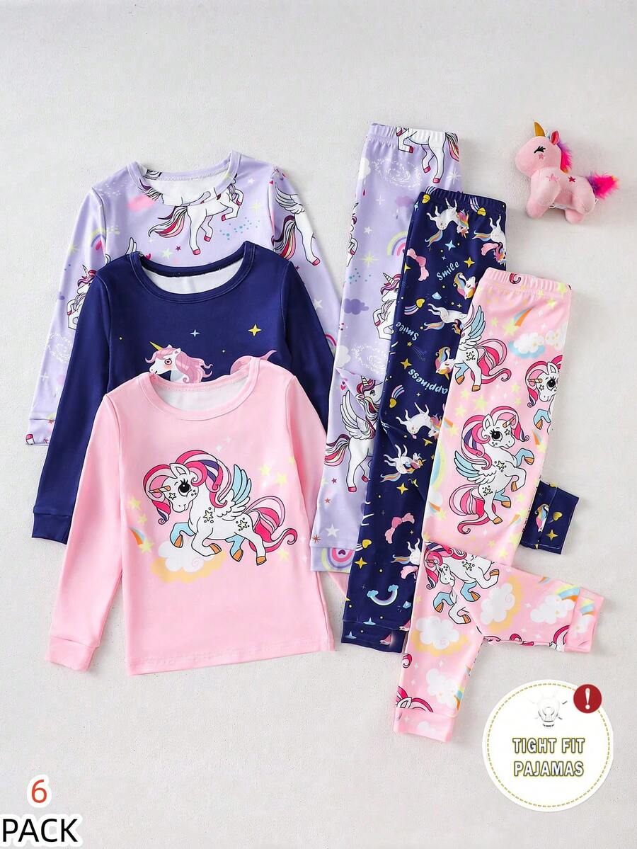 3 件套年轻女孩独角兽印花简约全印花紧身裤和长袖贴身家居睡衣套装 - 彩色 - 查看 1