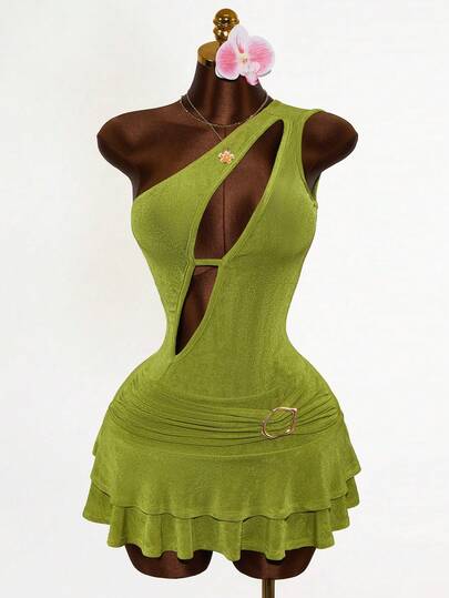 Mistrie 胆汁质肩部领口不规则金属配饰连衣裙