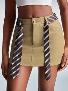 Aveloria GENKIRA Retro French Style Casual Tie Decor Short Skirt - Khaki - View 3