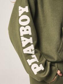 Missguided x Playboy Olive Green Pullover Hoodie With Centre Pocket And Letter Sleeve Print For Casual Autumn Winter Wear - Green - View 2