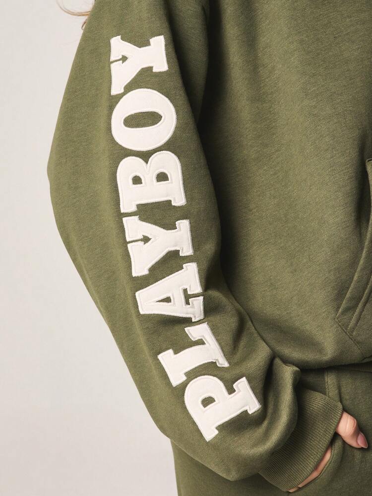 Missguided x Playboy Olive Green Pullover Hoodie With Centre Pocket And Letter Sleeve Print For Casual Autumn Winter Wear