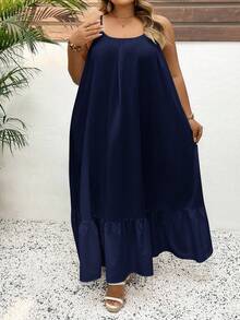 SHEIN CURVE+ 纯色加大码吊带摆裙，长款度假连衣裙，结婚纪念日连衣裙，白色连衣裙，波西米亚风长款白色连衣裙 - 霧霾藍 - 查看 6