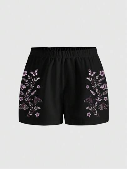 ROMWE Plus Size Women Gothic Dark Floral Butterfly Print Loose Black Shorts