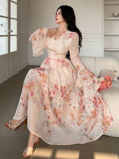 Women's Elegant Floral V-Neck Flare Sleeve Mid-Length Dress, Spring/Summer Wedding Guest Dress Sundress