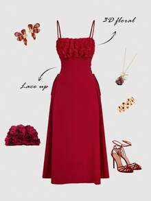 SHEIN MOD 红色约会长裙，胸部褶皱系带侧边吊带连衣裙，适合春夏、情人节、约会、婚礼季、派对等场合。 - 紅色 - 查看 8