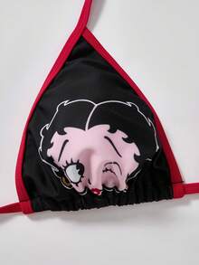 Betty Boop x SHEIN Women's Summer Vacation Letter & Cartoon Graphic Halter Bikini Set With Cover-Up Skirt - Black - View 4