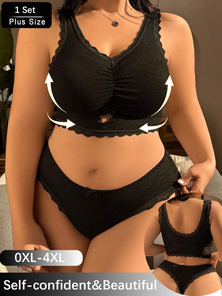 大码女士纯色褶皱舒适内衣套装 - 黑色 - 查看 1