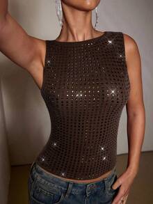 SHEIN BAE Autumn Solid Wine Red Rhinestone Crystal Sleeveless Tight Elegant Ladies' Tank Top, Suitable For Party, Nightclub, Cocktail Party, Banquet, Going Out At Night, Ball, Date, Autumn/Winter Layering - Coffee Brown - View 1