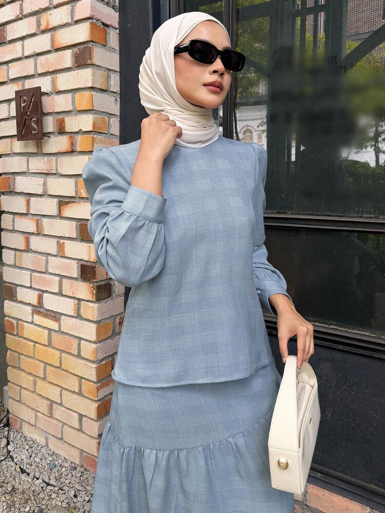 DAZY Women's Elegant Mandarin Collar Puff Sleeve Blouse & Asymmetrical Hem Skirt 2-Piece Set, Spring/Summer - Blue - View 5