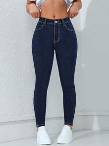 SHEIN SXY 女士休闲日常通勤修身紧身牛仔裤 - 深色水洗藍 - 查看 7