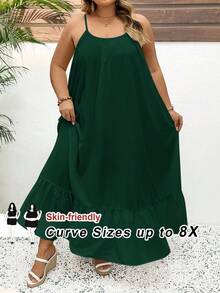 SHEIN CURVE+ Solid Color Plus Size Tank Top Swing Dress,Long Vacation Dress, Wedding Anniversary, White Dress, Long White Dress Boho Vacation, Summer Dresses - Dark Green - View 9