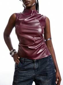 SHEIN EZwear 大码不对称褶皱腰身复古性感机车酒红色纯色PU吊带背心，适合春秋季穿着 - 酒紅色 - 查看 7