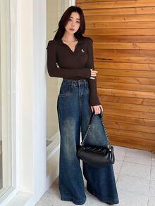 DAZY 女士罗纹动物刺绣图案休闲百搭通勤长袖毛衣 - 咖啡棕 - 查看 3