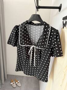 SHEIN Frenchy 女士复古优雅波点印花泡泡袖系领衬衫，夏季，优雅黑色波点系领短袖衬衫，适合夏季穿着，约会和日常穿着皆宜。夏季假期、情人节、派对、外出上衣、度假休闲衬衫、Y2K风格、波点上衣、黑色衬衫 - 黑色 - 查看 5