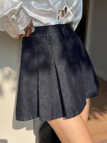 DAZY Women's Regular Waist Pleated Skirt, Casual Denim Mini Skirt - Dark Wash - View 2