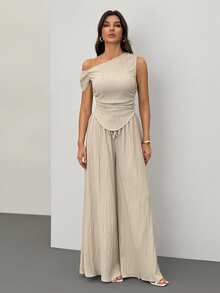 SHEIN Tall 2pcs/Set 2025 Spring & Summer New Collection Music Festival, Easter, St.Patrick's Day, Western Style, Nomadic Style, Birthday Party, Graduation Season, Collegiate Style, Student Wear, Casual Everyday Asymmetrical Shoulder Design Ruched Hem Cropped Top And Textured Fabric Wide Pants Two Pieces Set - Apricot - View 9