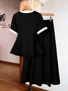 GlowEve CURVE 大码女式珍珠装饰撞色荷叶边下摆套头衫和A字裙套装，优雅休闲通勤装 - 黑與白 - 查看 2