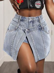 Slaydiva Quần short denim nữ màu trơn, hai lớp, cạp quần đính đinh tán và túi xéo. - Xám - Xem 3