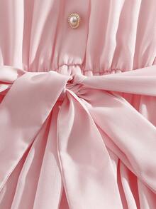 GlowEve Light Pink Collared Waist-Cinched Pleated Hem Long Sleeve Chiffon Dress - Baby Pink - View 7