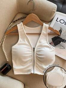 Resyla Minimalist Zipper Design Cropped Tank Top, Layering Or Outerwear - Beige - View 1