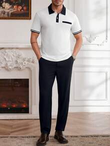 Core Aspect Men's Navy Blue And White Striped Short-Sleeve Polo Shirt And Dress Pants Set,Elegant Summer Casual Golf 2 Pieces,Solid Color Everyday Clothing - Blue and White - View 5