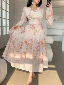 DAZY فستان أنيق للنساء بياقة على شكل حرف V وأكمام واسعة متوسط الطول، فستان ضيف حفل زفاف في الربيع/الصيف - وردي - مشاهدة 6