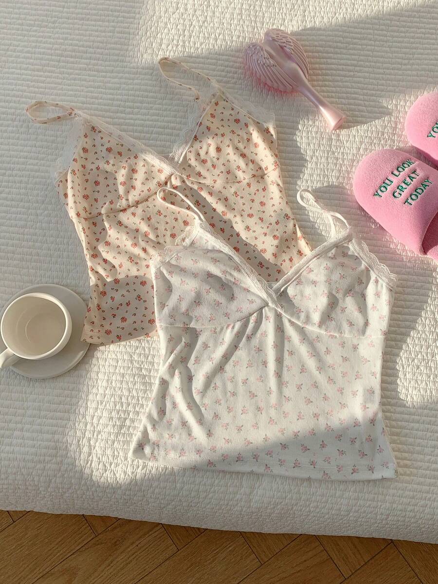 CovetEZ Women's Casual Ditsy Floral Contrast Lace Blouse, Summer - Beige - View 1