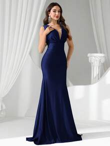 Coutiva 女士纯色性感深 V 弹力高腰不对称褶饰鱼尾晚礼服，适合婚礼、活动、派对、蜜月 - 藏蓝色 - 查看 8