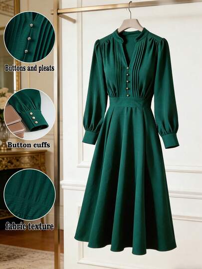 GlowEve CURVE Plus Size Women's Solid Color Pleated V-Neck Button Decor Waist A-Line Long Sleeve Elegant Midi Dress For Work & Everyday