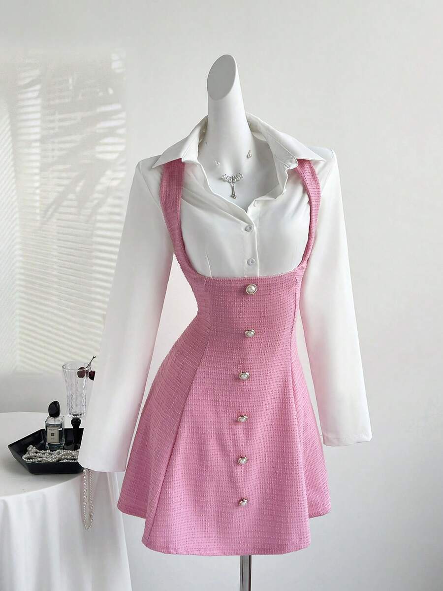 Sweetra 初秋甜辣时尚轻盈性感修身纹理面料A字迷你连衣裙（女款） - 粉色 - 查看 1