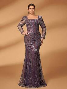 Serin Plus Size Elegant Purple Square Neck Puff Sleeve Sequin Mesh Mermaid Dress,Dusty Pink,Spring,Bridesmaid,Formal Party,Wedding Mother Of Bride Gown - Purple - View 8