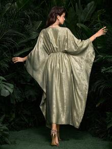 Al Najma Women's Spring/Summer Green Woven Metallic Fish Scale Trim Elegant Turkish Maxi Dress & Arabic Traditional Abaya - Green - View 2