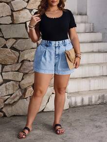 EMERY ROSE Plus Size Women Casual Loose Light Wash Denim Shorts With Pockets - Light Wash - View 5